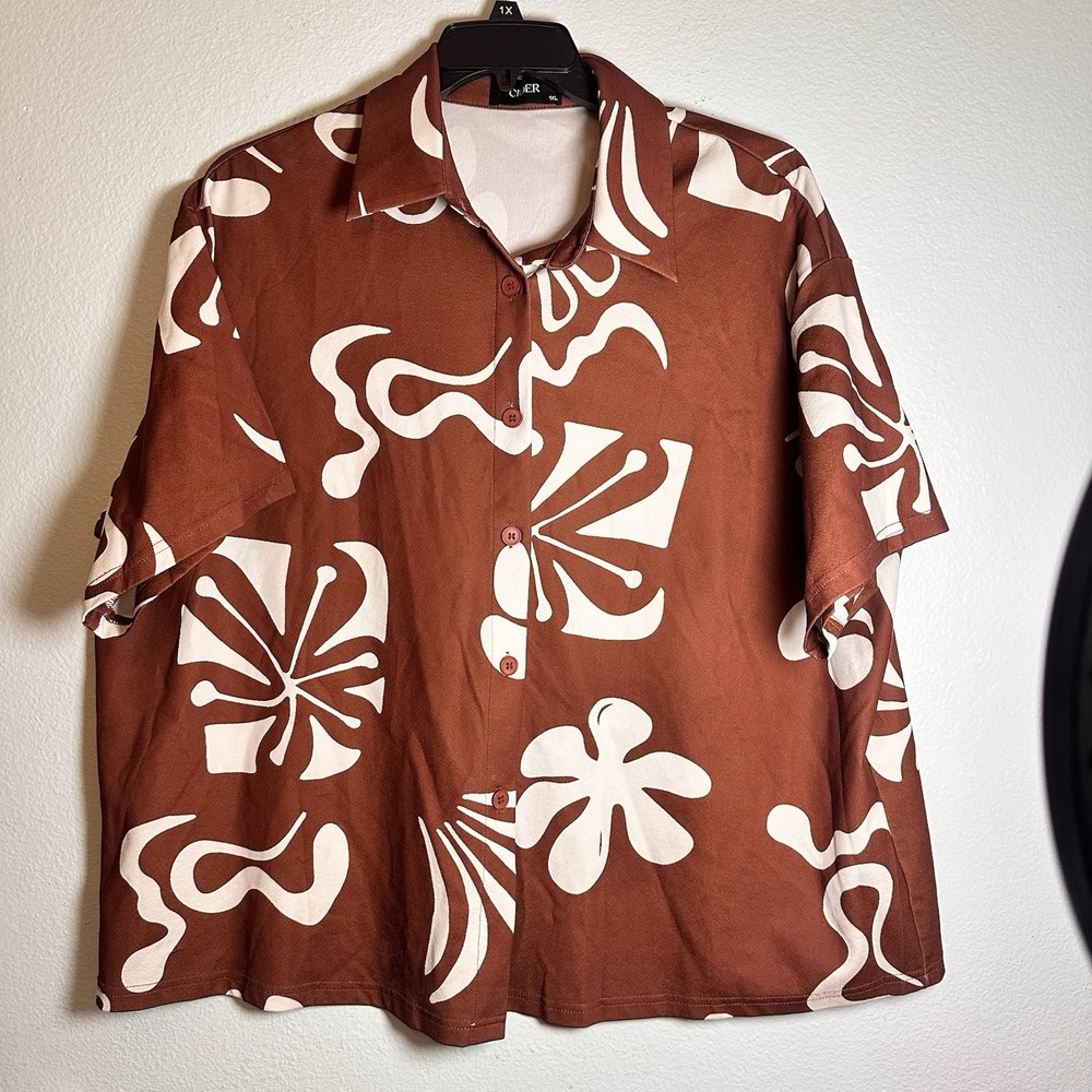 Cider 1XL Collar Geometric Button Up‎ Short Sleeve Blouse Curve & Plus Groovy - Picture 6 of 6